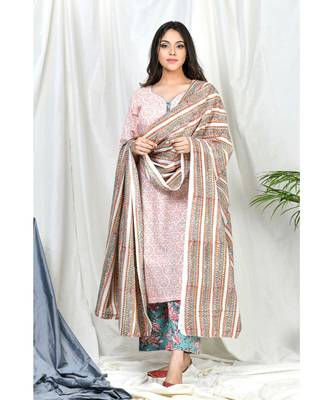 Qasira Suit set with Stripe Block print dupatta 1