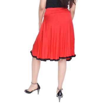 Red Knee Length Cotton Lycra Flair Skirt 1