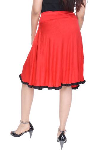 Red Knee Length Cotton Lycra Flair Skirt