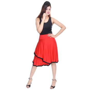 Red Knee Length Cotton Lycra Flair Skirt 3