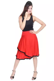 Red Knee Length Cotton Lycra Flair Skirt
