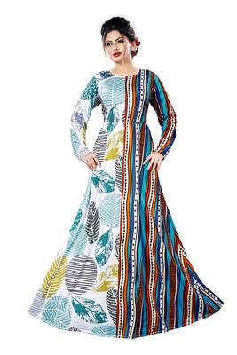 Justkartit Ladies Leaf Printed Jersey Stretchable Party Wear Long Maxi Gown Tops 1
