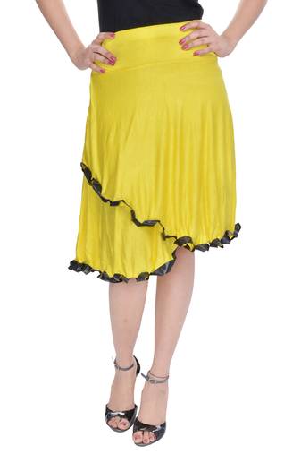 Yellow Knee Length Cotton Lycra Flair Skirt
