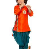  Orange And Bottle Green Silk Blend Kurta And Dhoti Set