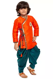  Orange And Bottle Green Silk Blend Kurta And Dhoti Set