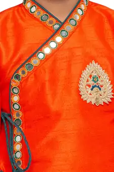  Orange And Bottle Green Silk Blend Kurta And Dhoti Set