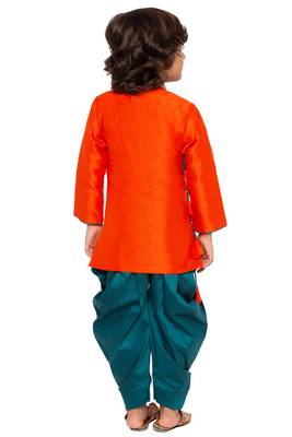  Orange And Bottle Green Silk Blend Kurta And Dhoti Set 4