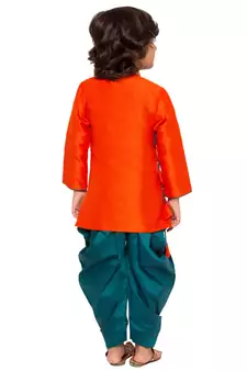  Orange And Bottle Green Silk Blend Kurta And Dhoti Set