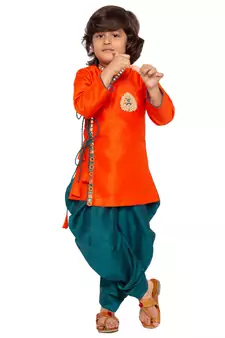  Orange And Bottle Green Silk Blend Kurta And Dhoti Set