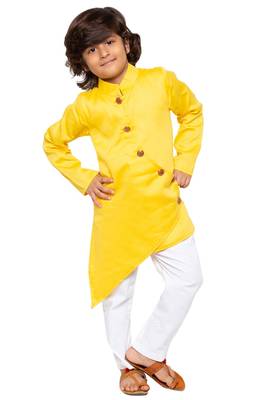 Yellow Plain Cotton Silk Boys-Kurta-Pyjama 1