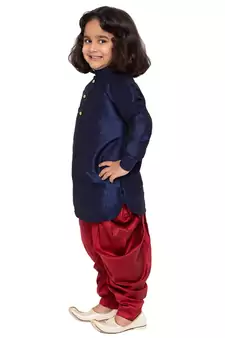  Navy Blue And Maroon Silk Blend Kurta And Dhoti Set