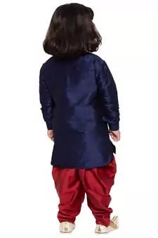  Navy Blue And Maroon Silk Blend Kurta And Dhoti Set