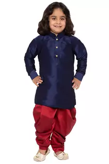  Navy Blue And Maroon Silk Blend Kurta And Dhoti Set