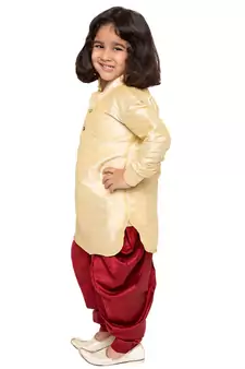  Gold And Maroon Silk Blend Kurta And Dhoti Set