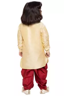  Gold And Maroon Silk Blend Kurta And Dhoti Set