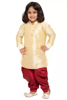  Gold And Maroon Silk Blend Kurta And Dhoti Set