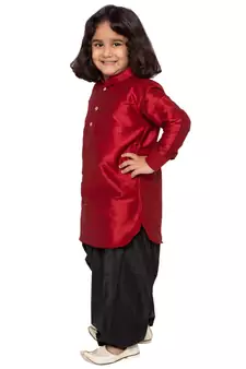  Maroon And Black Silk Blend Kurta And Dhoti Set