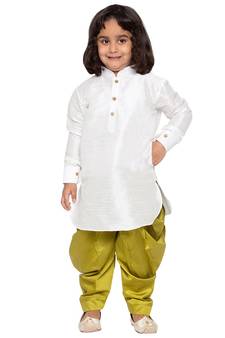 Boys White And Chutney Green Silk Blend Kurta And Dhoti Set