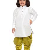  White And Chutney Green Silk Blend Kurta And Dhoti Set