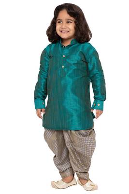 Green Plain Cotton Silk Boys Dhoti Kurta 5