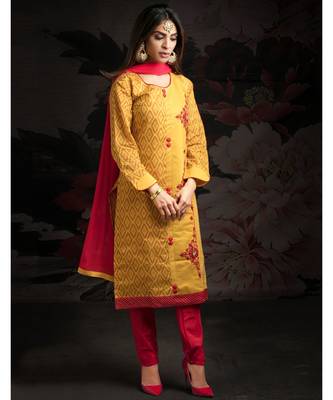 yellow embroidered chanderi readymade suits 1