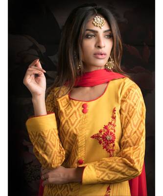 yellow embroidered chanderi readymade suits 2