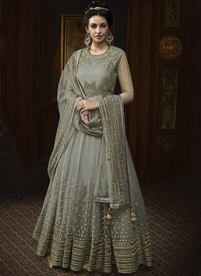 Grey Embroidered Net Semi Stitched Salwar With Dupatta 1