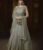 Grey Embroidered Net Semi Stitched Salwar With Dupatta