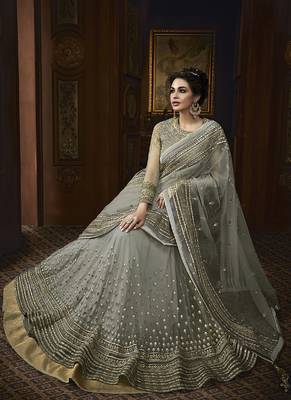 Grey Embroidered Net Semi Stitched Salwar With Dupatta 2