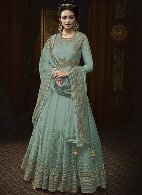 Green Embroidered Net Semi Stitched Salwar With Dupatta 1