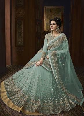 Green Embroidered Net Semi Stitched Salwar With Dupatta 2