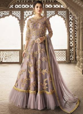 Purple Embroidered Net Semi Stitched Salwar With Dupatta 1