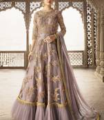 Purple Embroidered Net Semi Stitched Salwar With Dupatta