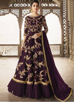 Purple Embroidered Net Semi Stitched Salwar With Dupatta 1