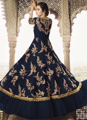 Blue Embroidered Net Semi Stitched Salwar With Dupatta 2