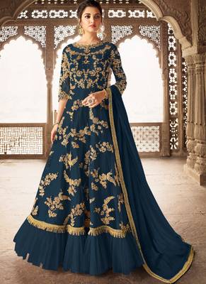 Blue Embroidered Net Semi Stitched Salwar With Dupatta 1