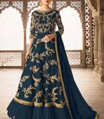Blue Embroidered Net Semi Stitched Salwar With Dupatta
