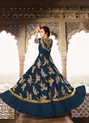 Blue Embroidered Net Semi Stitched Salwar With Dupatta 2