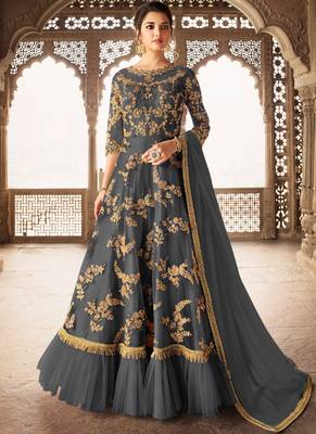 Grey Embroidered Net Semi Stitched Salwar With Dupatta 1