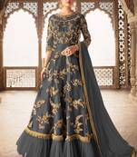 Grey Embroidered Net Semi Stitched Salwar With Dupatta