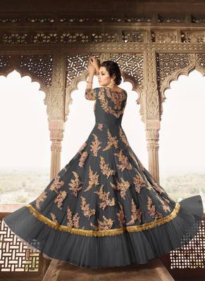 Grey Embroidered Net Semi Stitched Salwar With Dupatta 2
