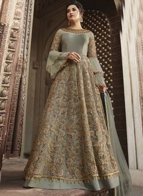 Grey Embroidered Net Semi Stitched Salwar With Dupatta 1