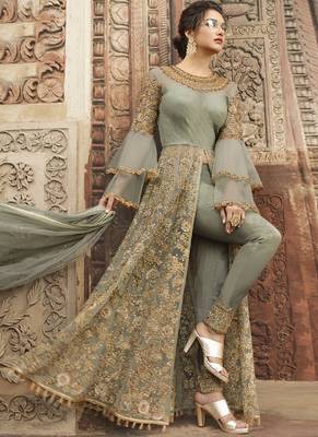 Grey Embroidered Net Semi Stitched Salwar With Dupatta 2
