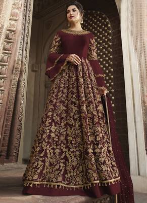 Maroon Embroidered Net Semi Stitched Salwar With Dupatta 1