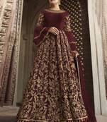 Maroon Embroidered Net Semi Stitched Salwar With Dupatta