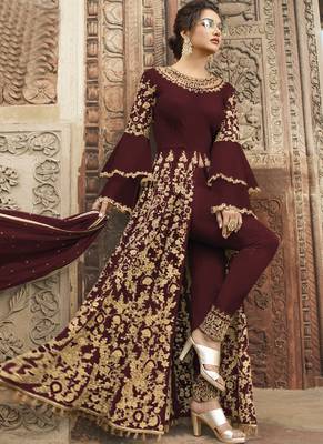Maroon Embroidered Net Semi Stitched Salwar With Dupatta 2