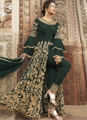 Green Embroidered Net Semi Stitched Salwar With Dupatta 2