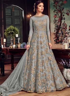 Grey Embroidered Net Semi Stitched Salwar With Dupatta 1