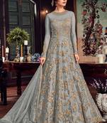 Grey Embroidered Net Semi Stitched Salwar With Dupatta