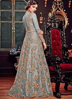 Grey Embroidered Net Semi Stitched Salwar With Dupatta 2